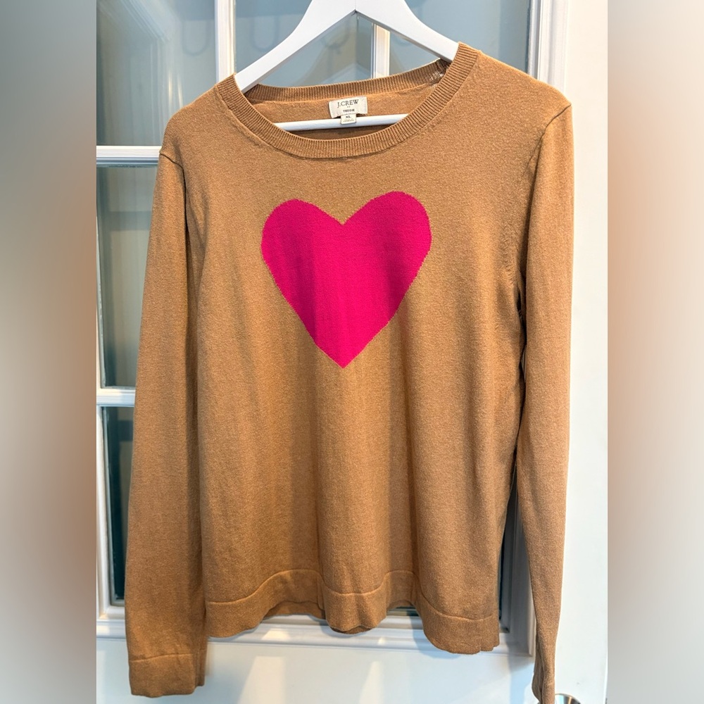 J.Crew Heart Sweater – Camel Brown & Pink Heart  Size XL  Valentine’s Day Ready!